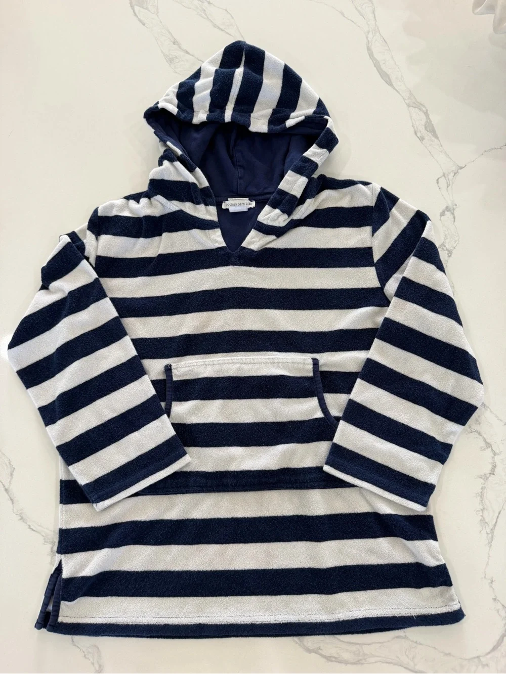 Pottery Barn Kids Rugby Stripe Hooded Terry Swim Cover-Up Navy White Size 8-10